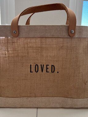 Apolis custom "Loved" lunch bag, natural jute with leather handles